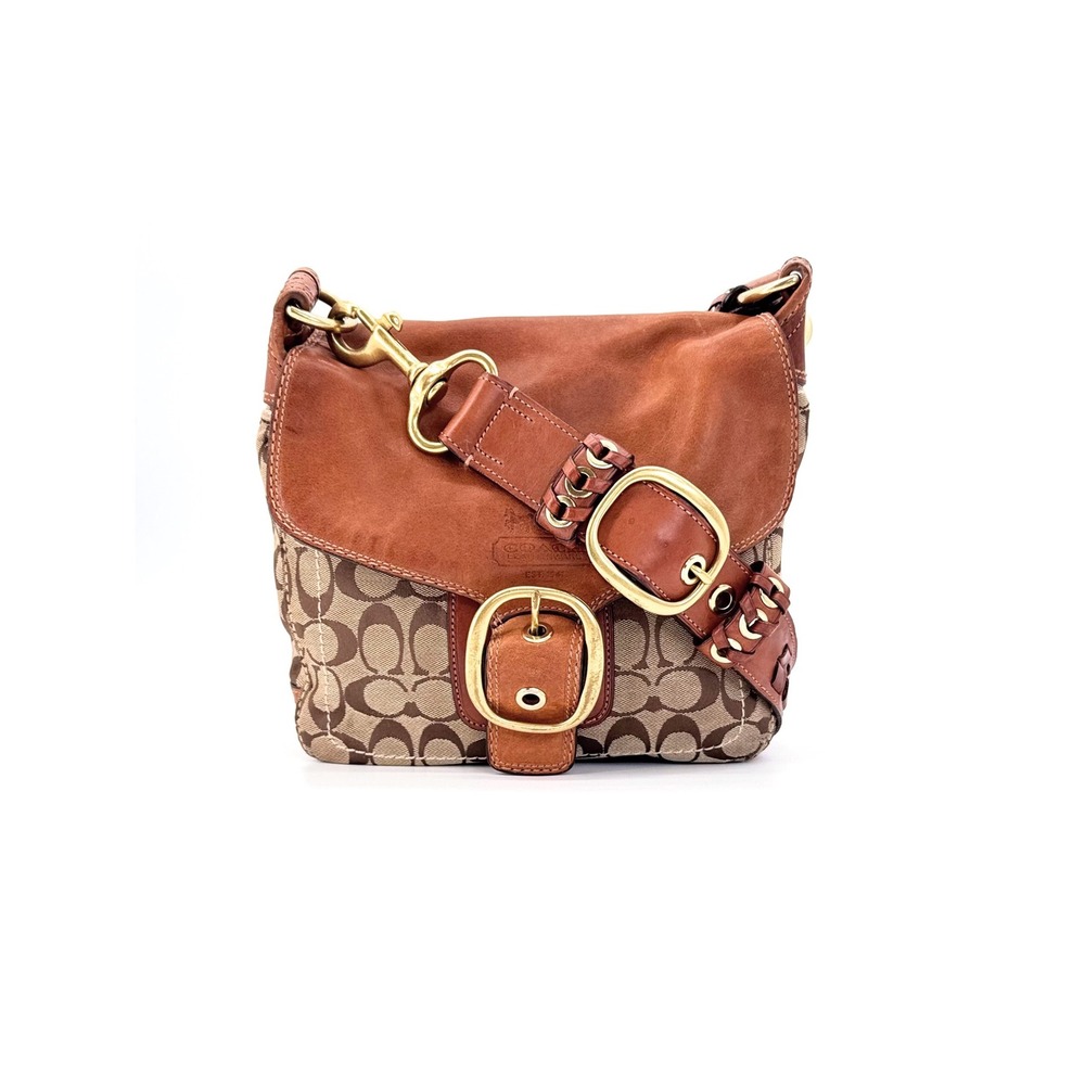 Coach Bleecker Signature Flap Shoulder Bag Tan Canvas Brass 11434